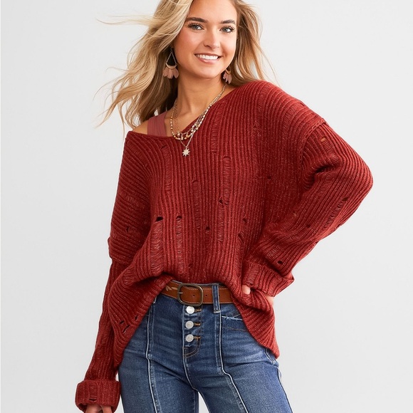 Buckle Sweaters - Women's Red Knit Sweater by Daytrip| Destructed | Boho| Buckle|